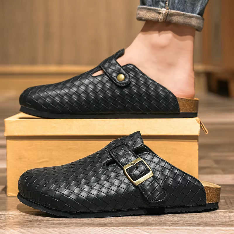 Woven Genuine Leather Men's Mules